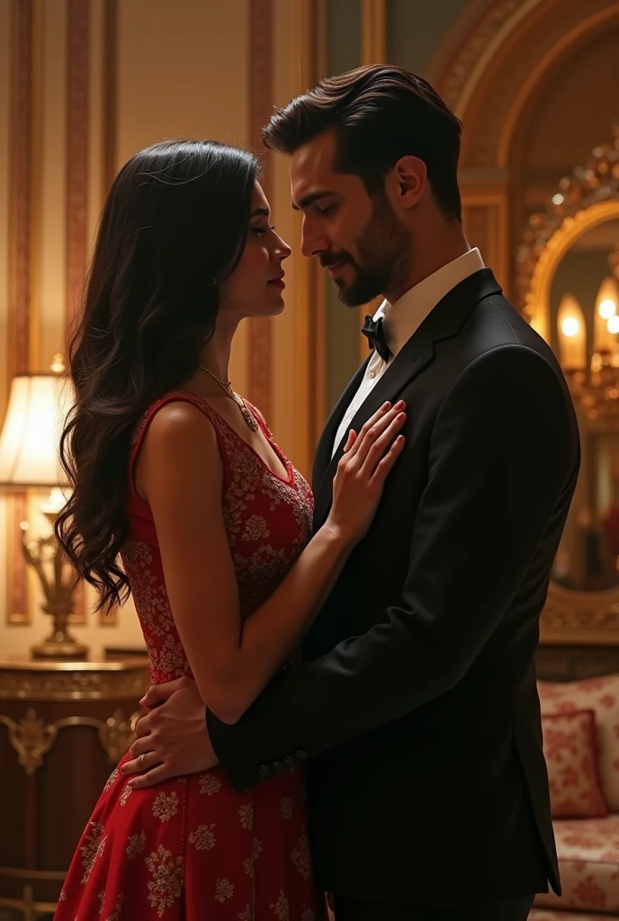 Create an image of an indian girl Saranya living in Valery Kogan's Caesara mansion. Saranya put her hand on Syed Saddiq chest and look into his eyes. Syed Saddiq picture must be real. He is a Malaysian politician. He has no BEARD. He is famous. You look his picture in google as Syed Saddiq, SYED ABDUL RAHMAN FROM MALAYSIA