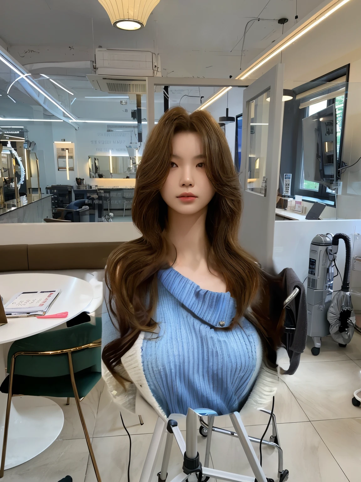 Best Quality, 8k, Masterpiece, (Portrait: 1.3), (photo realistic:1.4), (hyper realistic:1.4), Sharp Focus, looking at viewer, (smoother lighting:1.1), (increase cinematic lighting quality:0.9), realistic lighting, backlighting, light on face, ray trace, (brightening light:1.2), (Increase quality:1.4), sharp detail, (best quality real texture skin:1.4), finely detailed eyes, black_eyes, finely detailed face, 25 year old Korean woman,( Blue sweater:1.4), (Create an image maintaining the orig