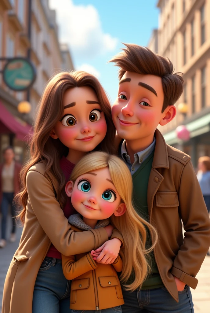 Blonde child , blue eyes very long hair hugging her father, brown hair and eyes and her mother blonde green eyes long hair taking a selfie on the streets of London Disney pixar with your friends mom 33 year brunette and children brunette