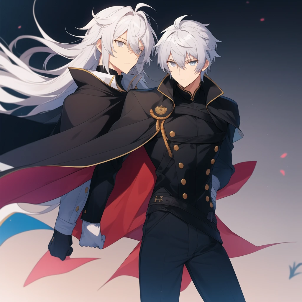 2d male character, black clothes with cape, whitegloves, White hair, grey-eyed, black backdrop