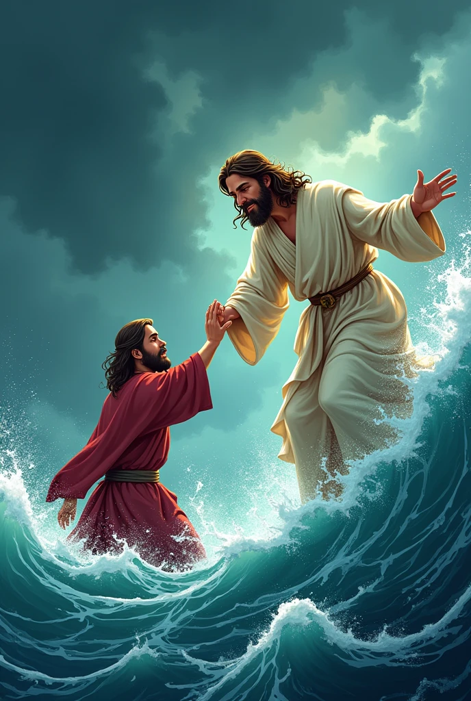 Create a cartoon illustration of an adult Jesus holding his hand to an adult Peter dressed in a, bringing it to the surface of the sea during a storm