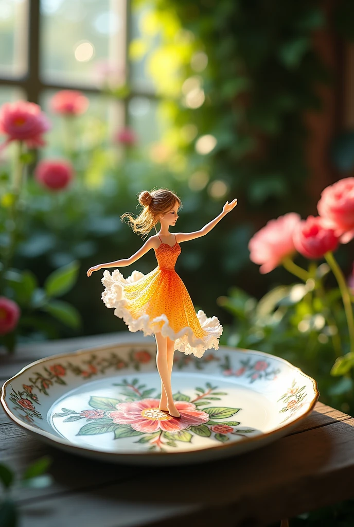 A delicate miniature girl-like figure, fashioned from colorful glass, twirling on an intricately painted porcelain plate, set in a quaint, fairy-tale garden with vibrant flowers and ivy- covered walls. The plate's ornate designs add a touch of elegance, while the garden blooms in a riot of colors, illuminated by soft, dappled sunlight. The figure's pose exudes grace and enchantment, with reflections of light playing off the glass to create a mesmerizing effect. Created Using: fairy-tale aesthetics, close-up photography, vibrant color palette, soft focus, detailed craftsmanship, hd quality, natural look -ar 16:9 –
