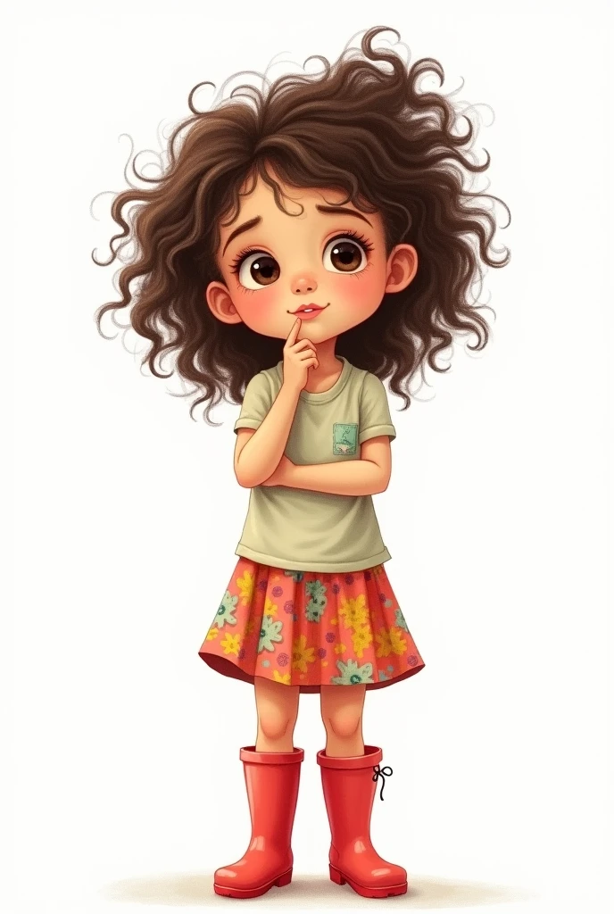 Generate an illustration of an 8-year-old girl with dark brown curly hair. The girl should be wearing a colorful skirt and red rain boots. The illustration should have a soft and detailed style, as if it were created with colored pencils. The background should be completely white, with no other objects or elements, to keep a minimalist focus. The girl's expression should be sweet and curious, reflecting an innocent curiosity.