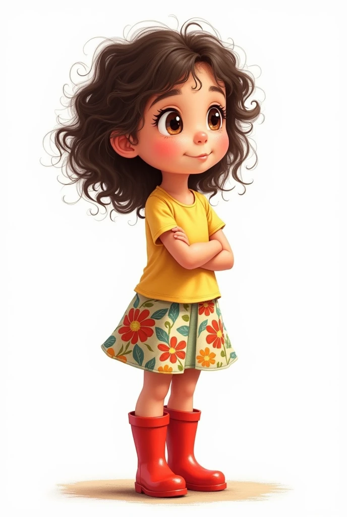 Generate an illustration of an 8-year-old girl with dark brown curly hair. The girl should be wearing a colorful skirt and red rain boots. The illustration should have a soft and detailed style, as if it were created with colored pencils. The background should be completely white, with no other objects or elements, to keep a minimalist focus. The girl's expression should be sweet and curious, reflecting an innocent curiosity.
