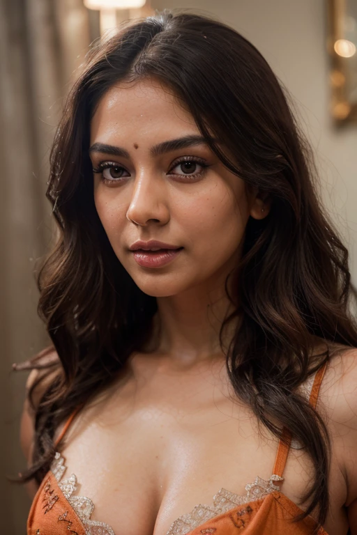 beautiful detailed eyes, beautiful detailed lips, extremely detailed eyes and face, longeyelashes, 2 Bollywood supermodel girl, beautiful woman, half-open strawberry lips, dimples, longing gaze, extra long wavy brown hair, detailed face, detailed facial features, finely detailed skin, pale skin, shape round breasts, nipple, wearing lingerie, detailed deep cleavage orange dress, cold colors, damp, moist, reflection, perfect proportion, realistic photo, best quality, detailed, photographed on a Canon EOS R5, 50mm lens, F/2.8, HDR, 8k, wallpaper, cinematic lighting, dramatic lighting, sharp focus, intricate, dynamic pose, super sexy 8K uhd