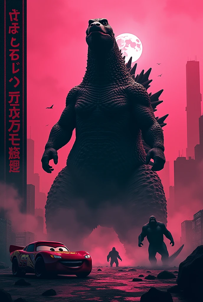 Godzilla wallpaper with black and pink theme with side wordings of Godzilla in Japanese with buildings nearby and smoke coming out of its mouth and king kong in distance and lighting mcqueen nearby
