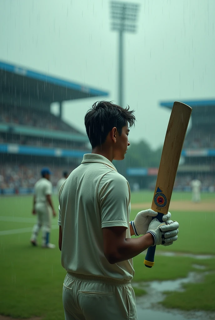 In a cricket field Rainfall and a boy in bating