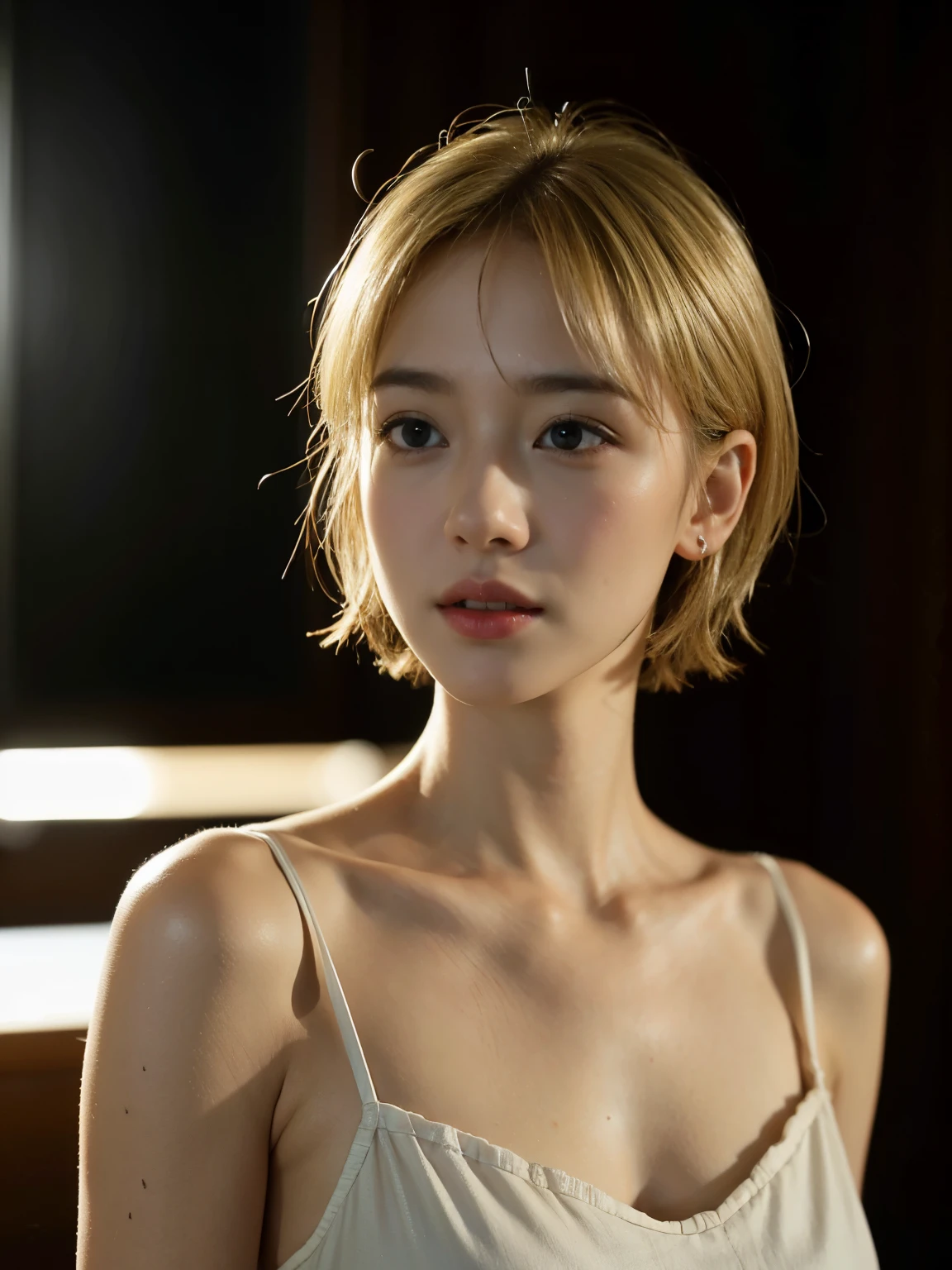 (Realistic:1.4)、(超Realistic:1.4)、(Realistic:1.3)、(Gentle lighting:1.05)、(Improving cinema lighting:0.9)、32K ...、（Blonde Short Hair:0.9）one person&#39;s、Realisticな照明、Backlight、Ray Tracing、(Image Enhancement:1.4)、(Highest Quality Real Skin:1.4)、(Beautiful skin texture: 1.1)、（Japanese:1.2）、（Black latex suit 1.5）、Shoulder out、Underarm、Black latex gloves、（standard body type:1.2）、Curvaceous body, White Background, big, Every detail
