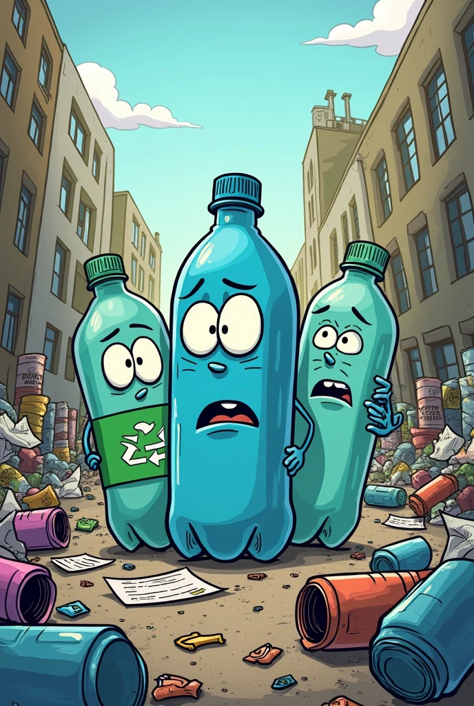 Hello, I want an image in 720 x 1280 resolution with the following text STORIES BEHIND RECYCLING. The image must have surprised and sad plastic bottles.. It must also have recycling symbols. The image must be in cartoons.

