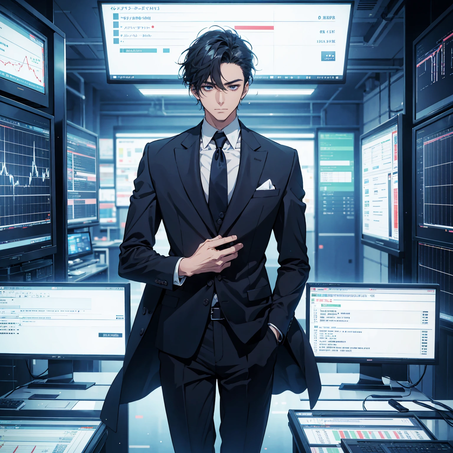 A man in SUITS.
looking at a chart screen in a forex trading room.
Make an illustration in Japanese anime style.