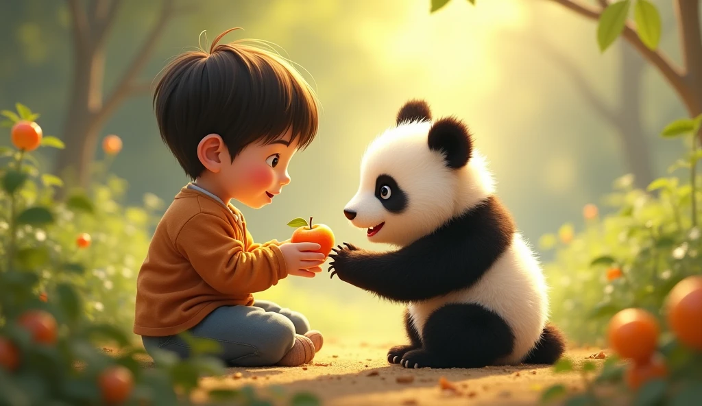 Feeding the Baby PandaThe boy is sitting on the ground, offering a piece of fruit to the baby panda. The panda, still cautious but curious, reaches out with its paw to take the fruit. The scene is heartwarming, with a soft golden light creating a sense of safety and warmth.