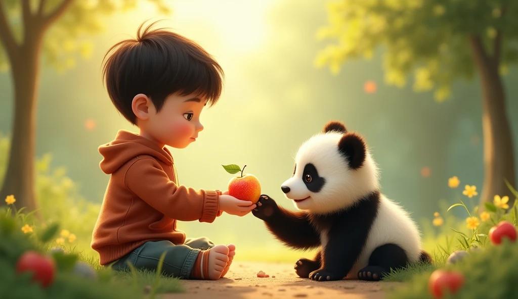 Feeding the Baby PandaThe boy is sitting on the ground, offering a piece of fruit to the baby panda. The panda, still cautious but curious, reaches out with its paw to take the fruit. The scene is heartwarming, with a soft golden light creating a sense of safety and warmth.