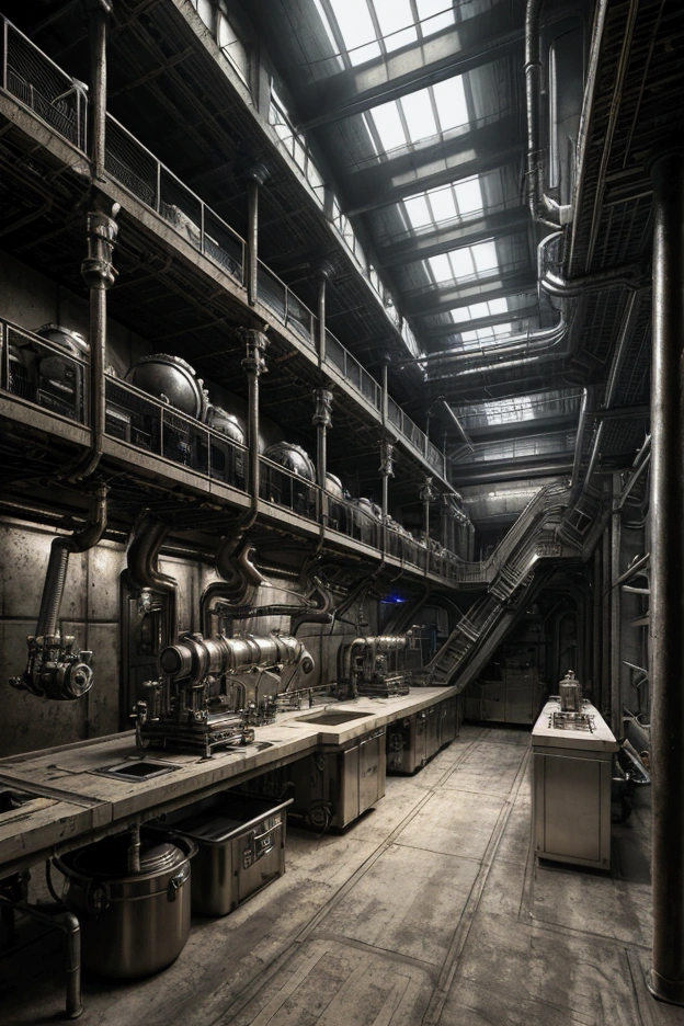 Hyper realism, high definition, masterpiece, complex structures, fine lines, precise details, volumetric light. a machine tool room in a dystopian factory by Giger and steampunk, very very complex details, 32k