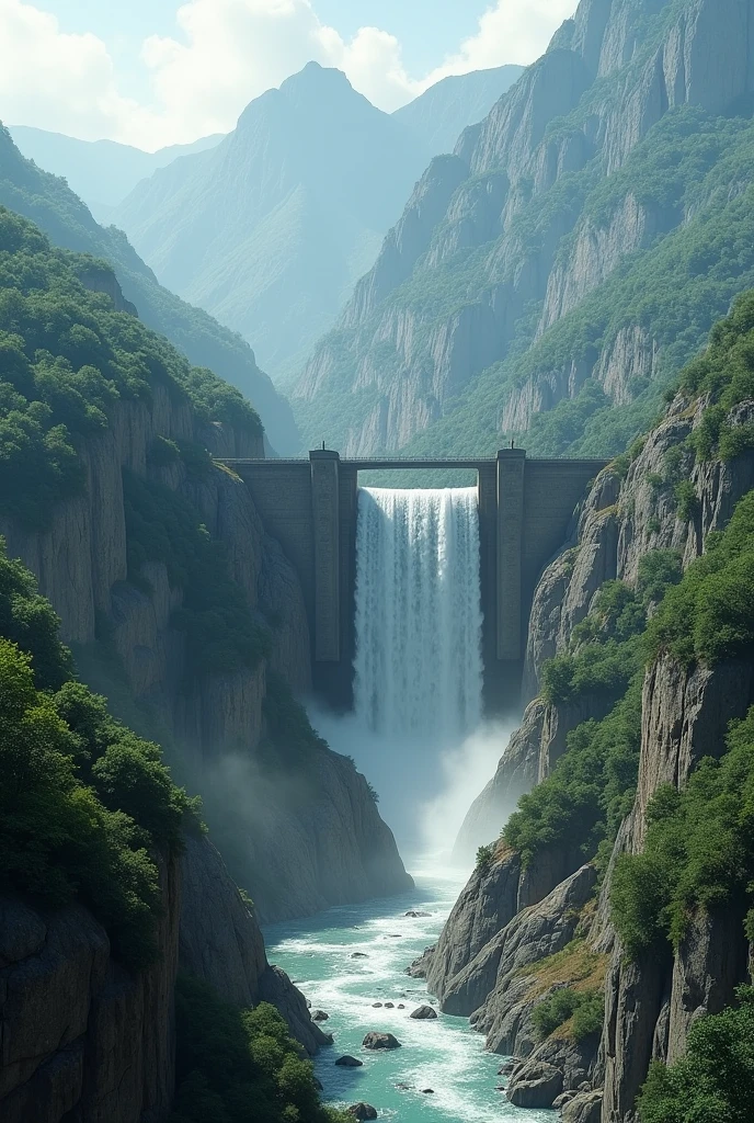 Scenic view of a large concrete dam in a picturesque mountainous area releasing water into a river surrounded by lush greenery and rocky cliffs