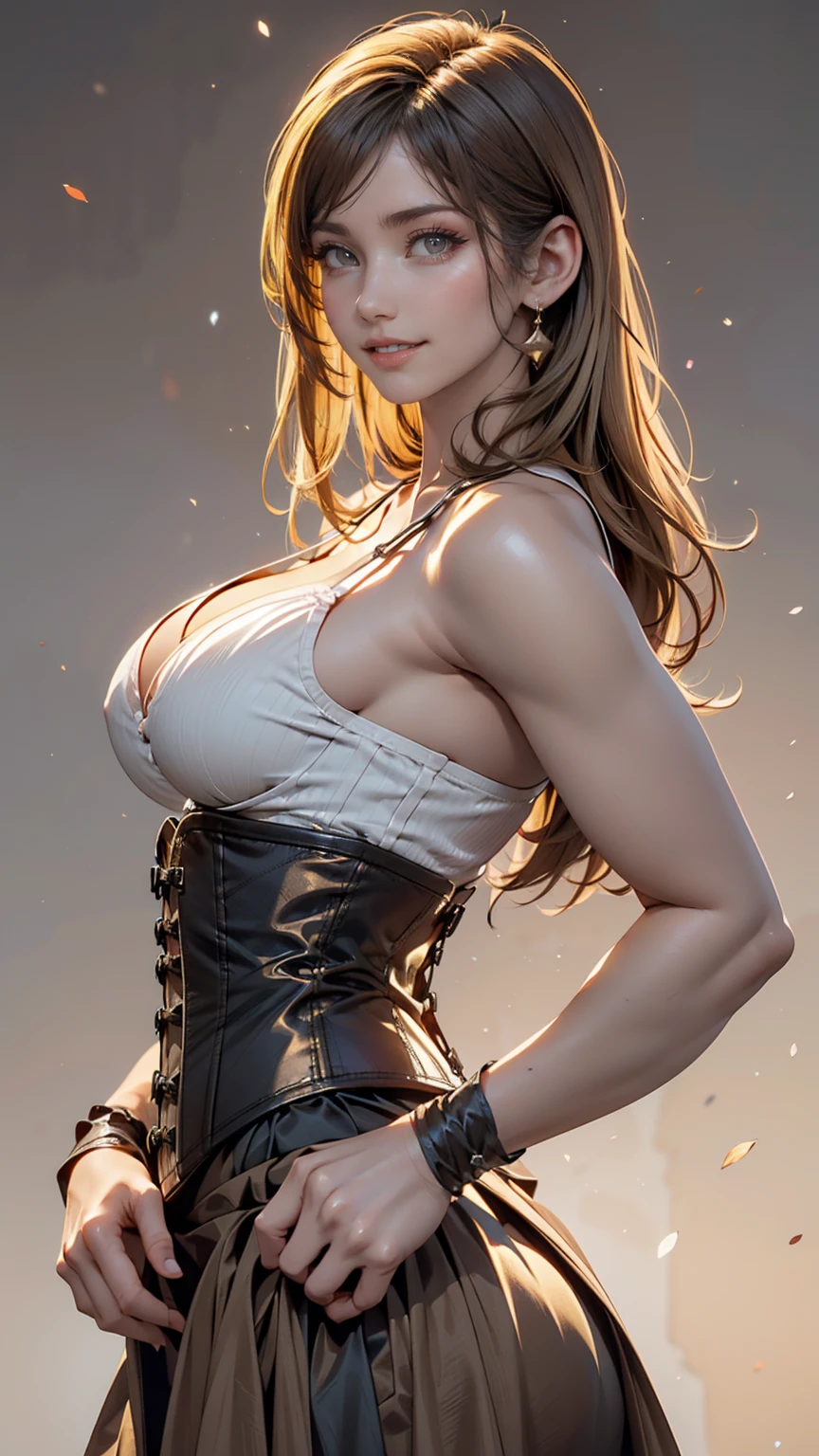 One person, alone, View your viewers, Blonde long hair, Wearing a corset, Big Ass, Brown eyes, Upper Body, Gray background, Normal boobs, lips, Realistic, A konigsreuter、Place hands on hips、smile