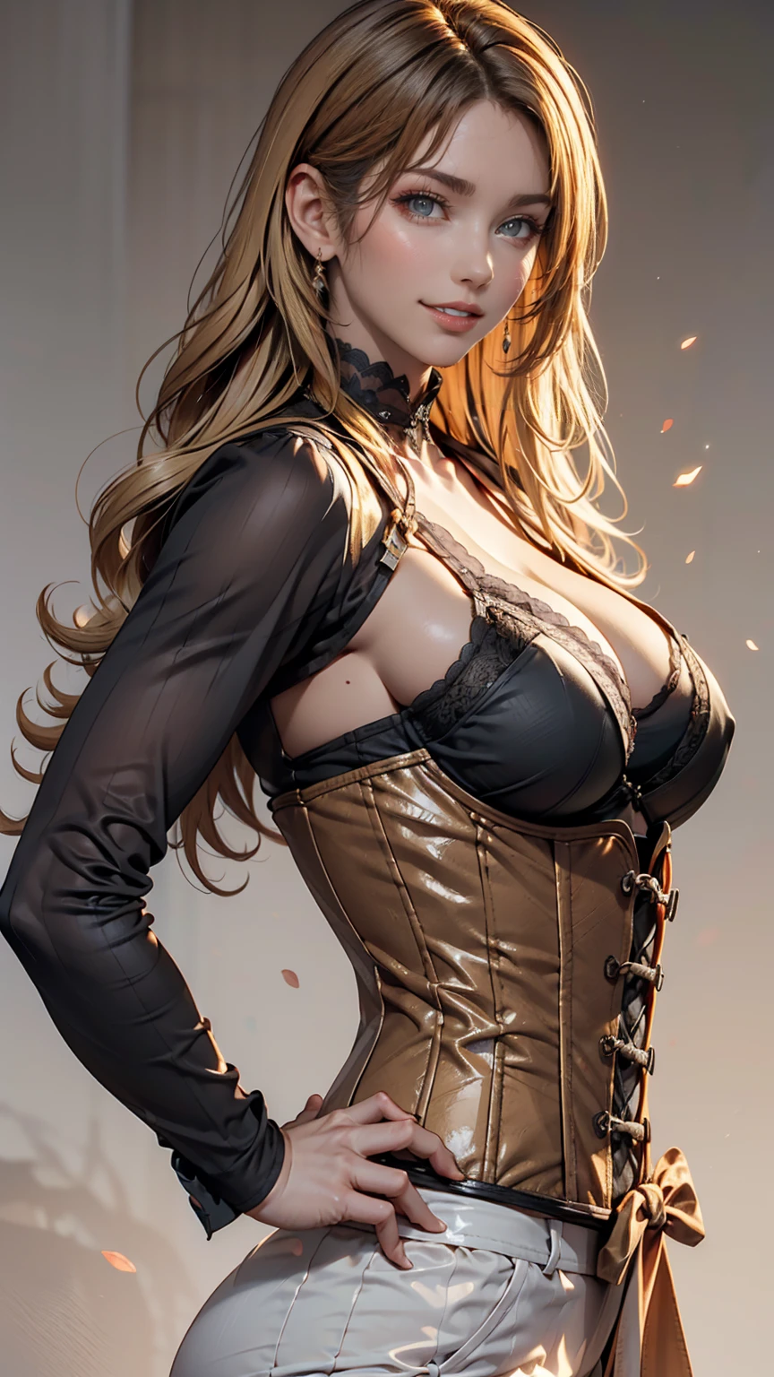 One person, alone, View your viewers, Blonde long hair, Wearing a corset, Big Ass, Brown eyes, Upper Body, Gray background, Normal boobs, lips, Realistic, A konigsreuter、Place hands on hips、smile