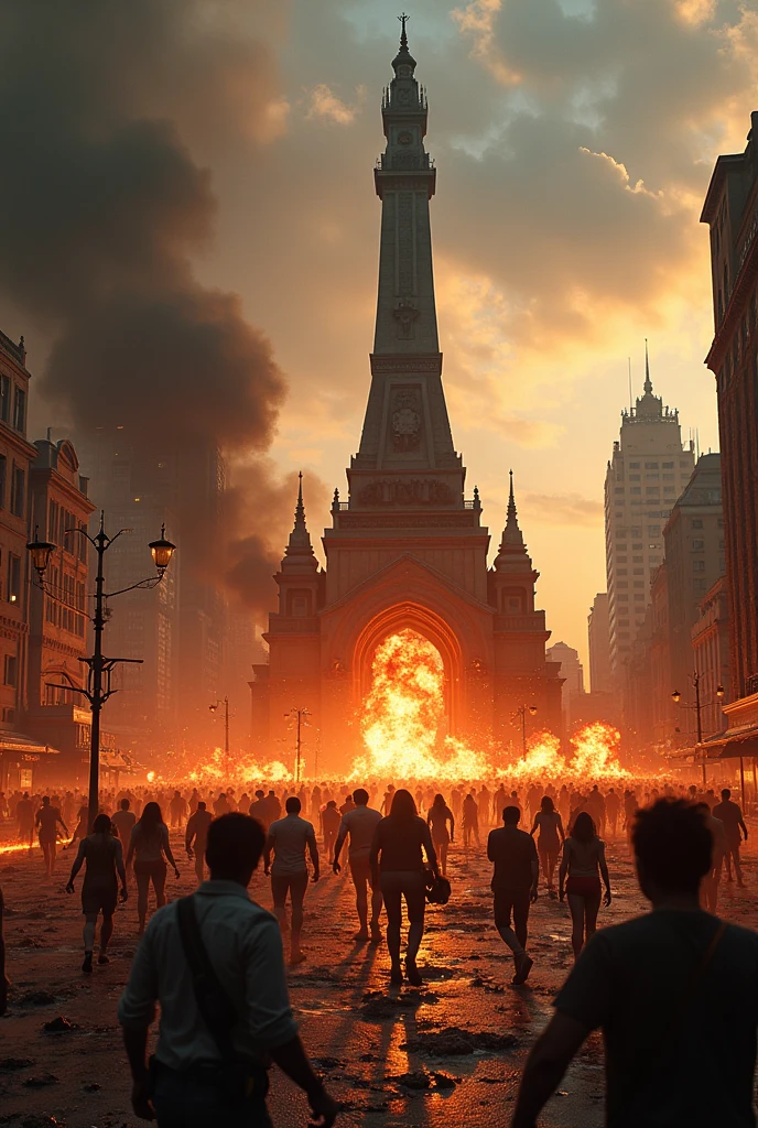 The background is the Victory Monument and Wat Phra Kaew. that is filled with many zombies Full of fires, explosions, smoke, sparks, collapsing buildings.