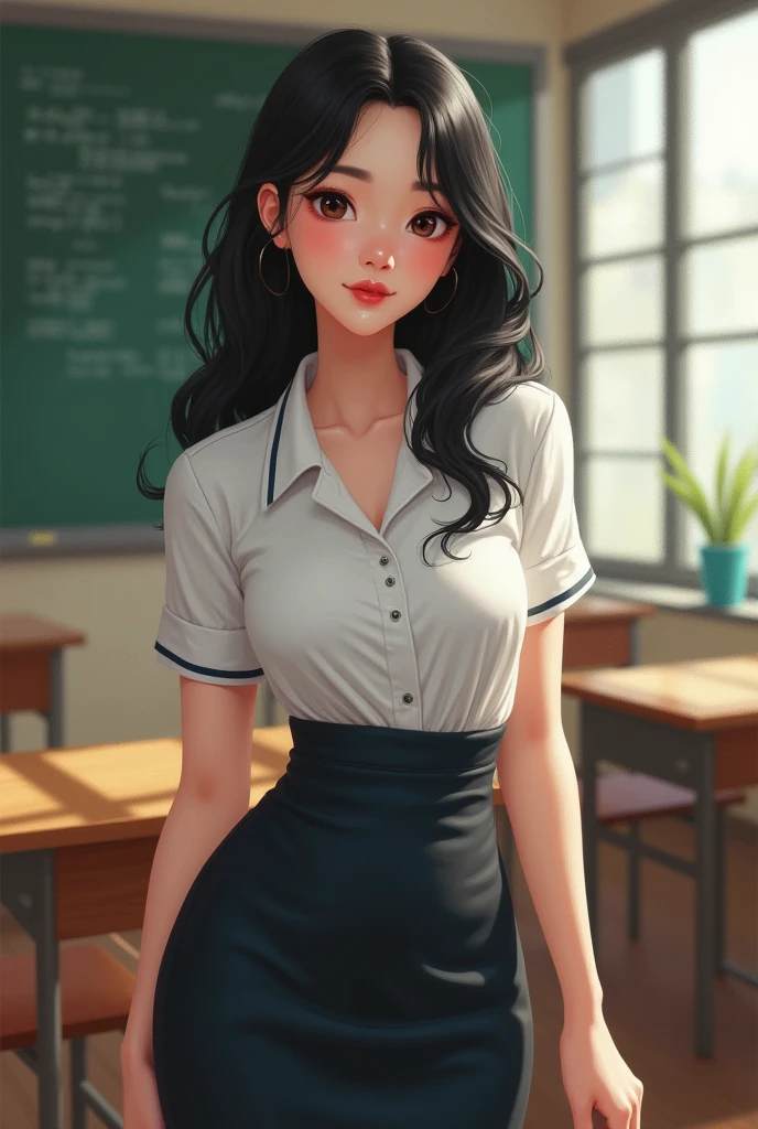 Young woman, Twenty years old, Black hair, beautiful face, Asian style, Fair Skin, Big breasts,Thin waist, Big butt, Wearing a teacher's uniform, standing in front of the classroom, Painting style 2.5D