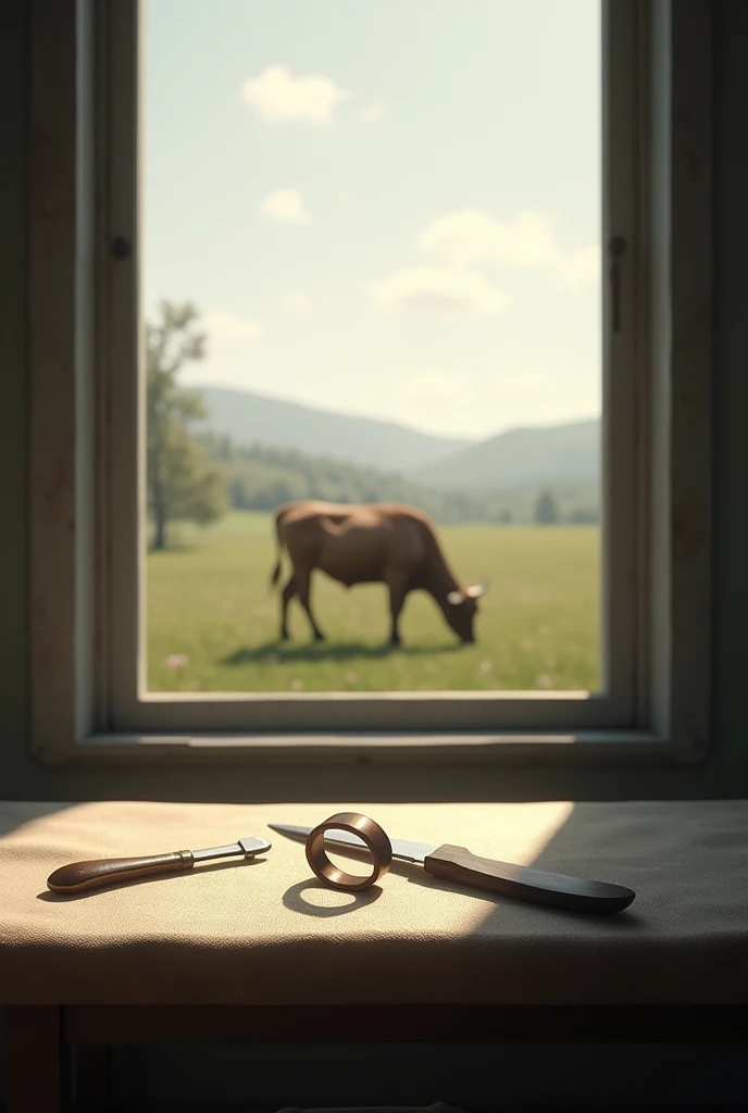 Create an image with a table, on the table place a ring and a knife. Create a window, and an ox outside the window