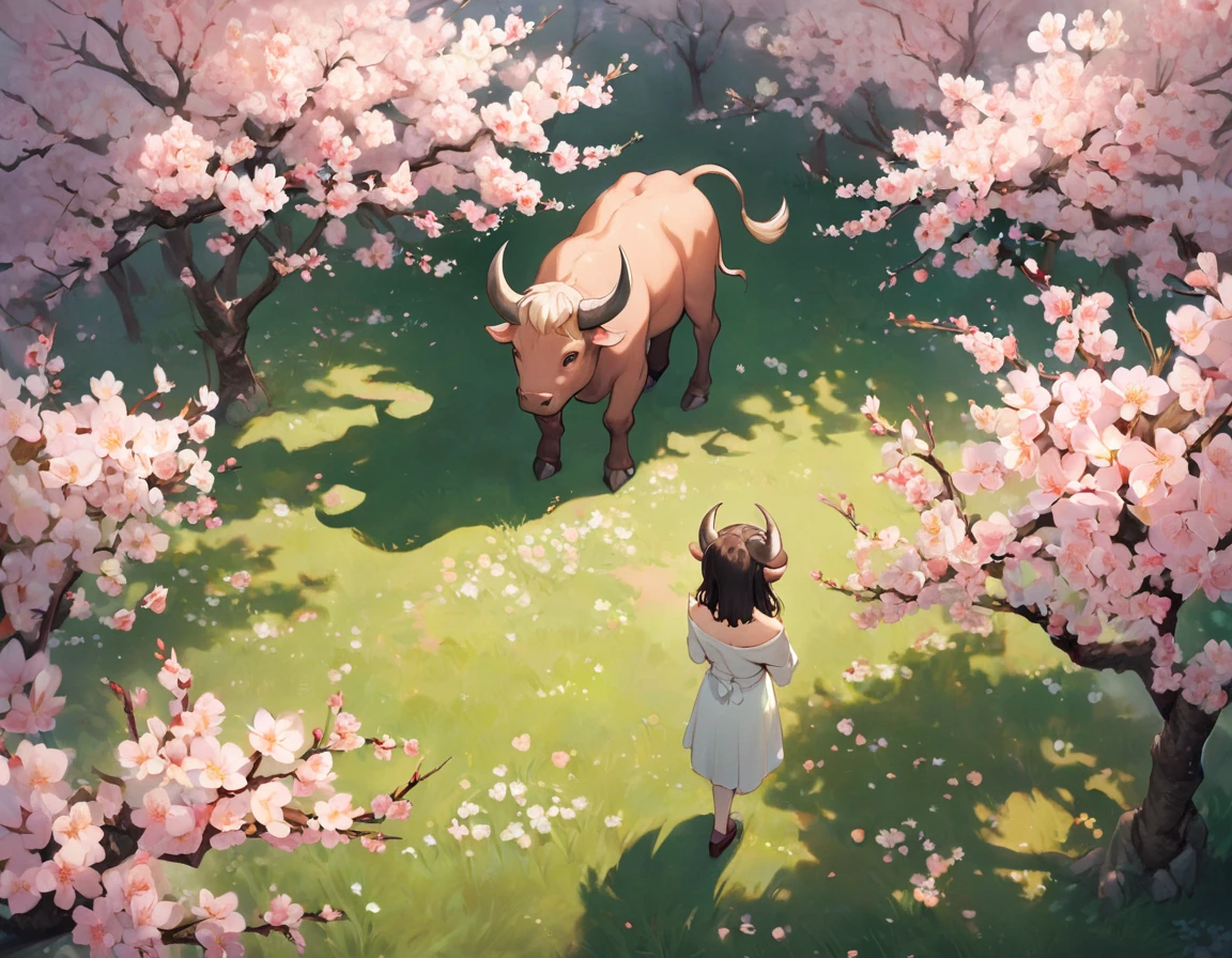 Studio painting, Fantasy, corner from above Kindhearted Smart (minotaur:1.1) , elegant, Field of Peach Blossoms, Best quality, Wide illumination, Fujifilm Superia