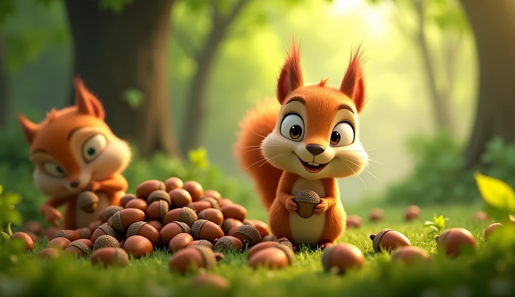 • make 3d realistic animated image of "• From then on, Nutty(squirrel)worked hard to gather food during the warm months and was never caught unprepared again.
Prompt: Nutty, busy gathering acorns during the warm, sunny months, storing them carefully in a hidden spot. His face shows determination and a sense of preparedness.