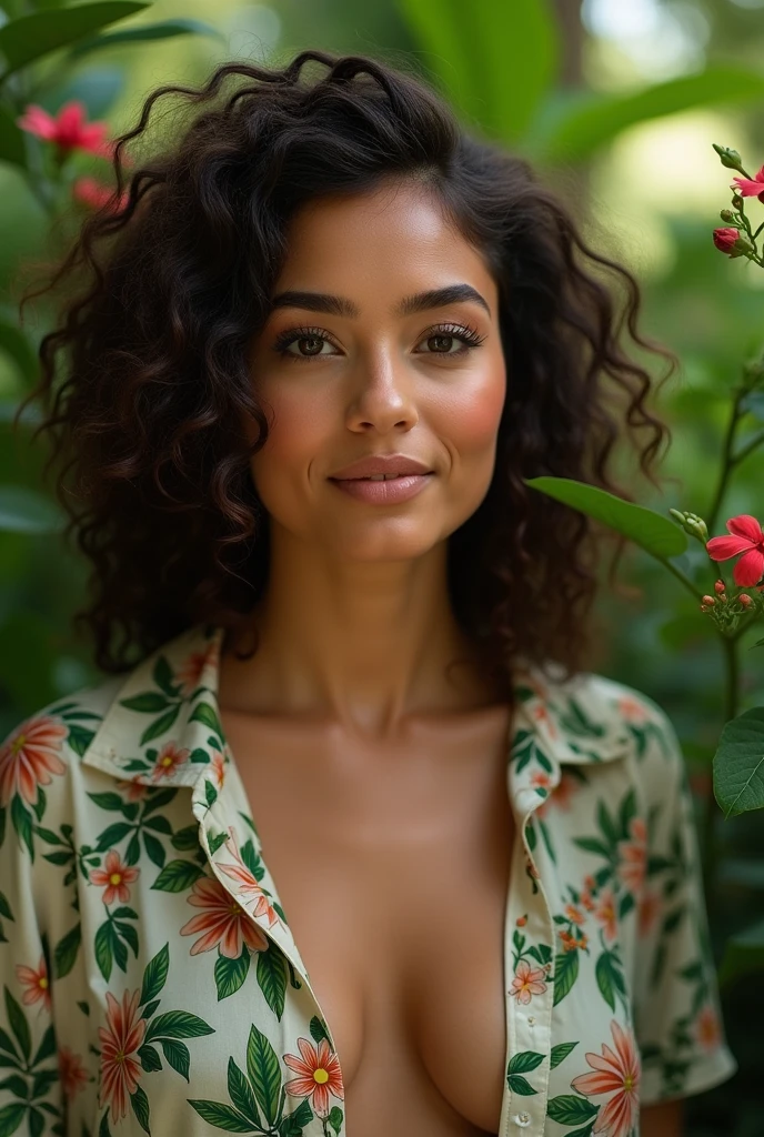 A Brazilian woman in a lush tropical garden, wearing an open shirt with a floral print, with a close-up capturing the harmonious beauty between her breasts and the natural flowers, showing off your natural charm and outgoing personality.