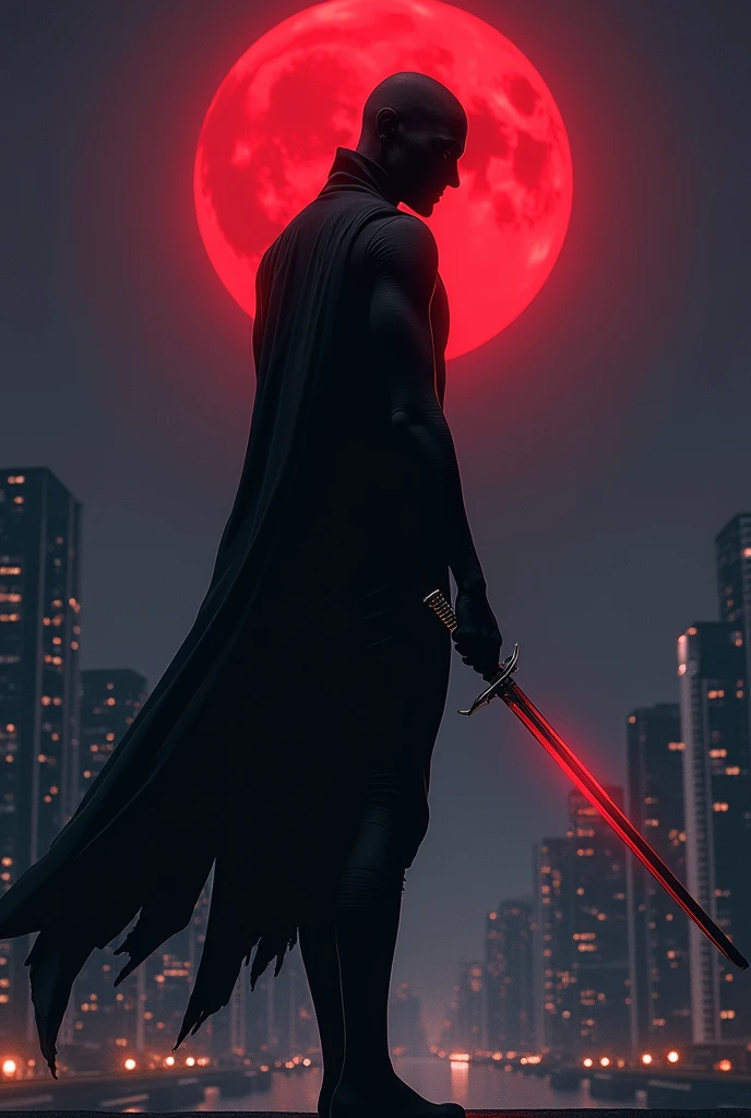 Show me an animated picture of a young man with a slim body, wearing a black facemask and black tight suit and holding a sword, as he turns his back with the city at night in the background, featuring a red, round moon.