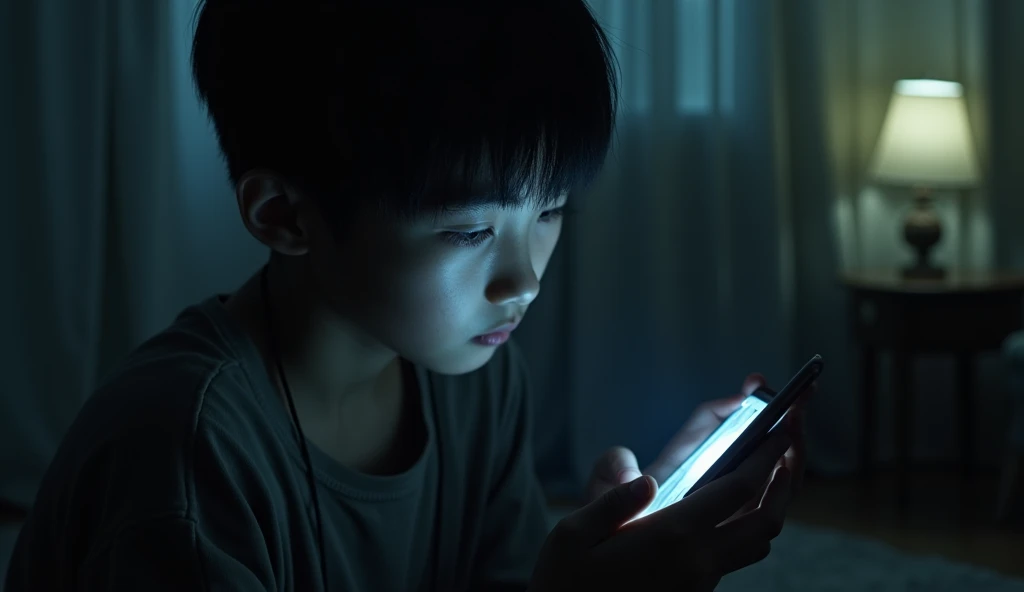 one pinoy teen gay boy holding a phone and inlove typing, dark dirty, are inlove sitting in a  couch apart