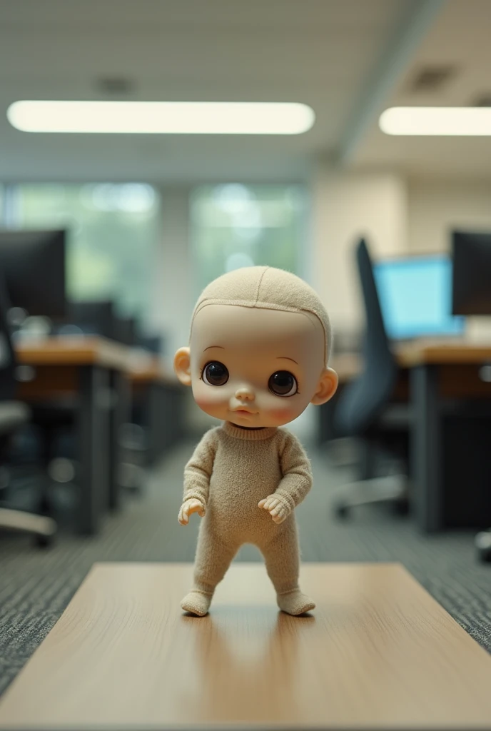 A doll, doing workplace gymnastics. He has his chin close to his chest and is looking to the left.. front image.