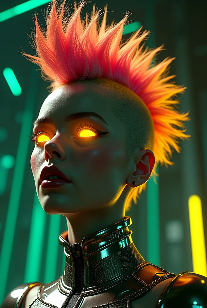 Low-angle shot captures a striking digital art piece: a woman's face aglow with radiant yellow eyes, mohawked hair exploding with color against a monochromatic background. Her metallic body suit glimmers with geometric patterns, set against a kaleidoscope backdrop of black, green, and yellow lines, creating a jarring yet harmonious contrast.