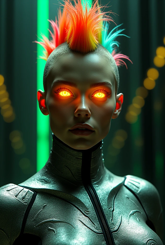 Low-angle shot captures a striking digital art piece: a woman's face aglow with radiant yellow eyes, mohawked hair exploding with color against a monochromatic background. Her metallic body suit glimmers with geometric patterns, set against a kaleidoscope backdrop of black, green, and yellow lines, creating a jarring yet harmonious contrast.