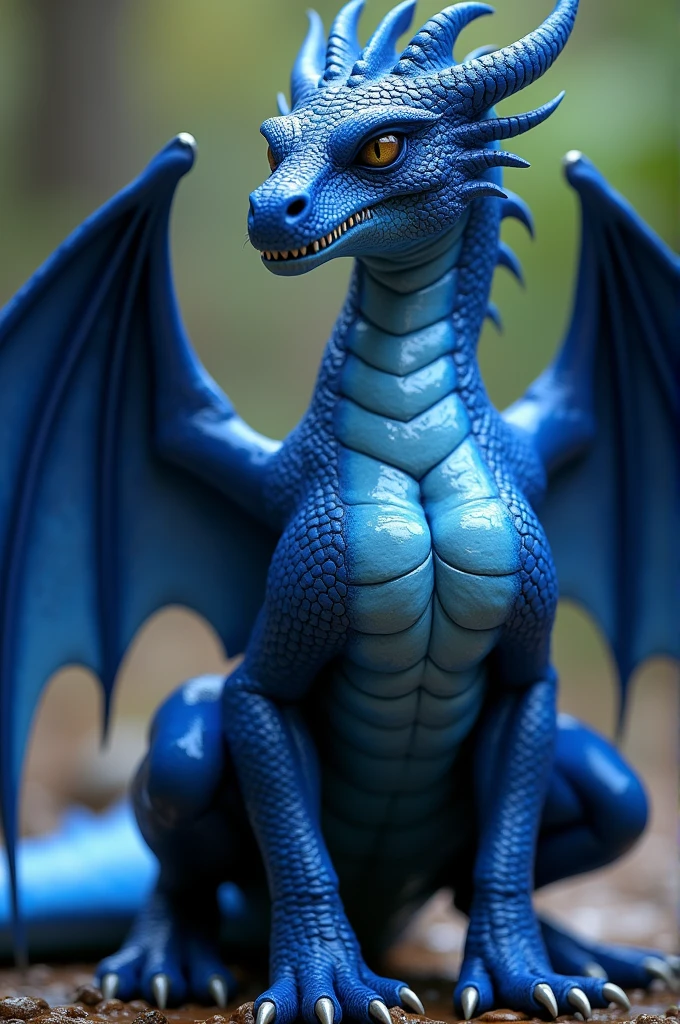 A hyper realistic  female dragon blue scales cobalt blue eyes membranous wings   with a perfect view of her engorged  