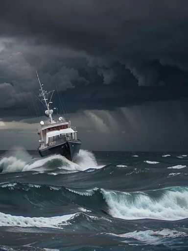 a small boat in the ocean in the middle of a huge storm, rain and big waves,