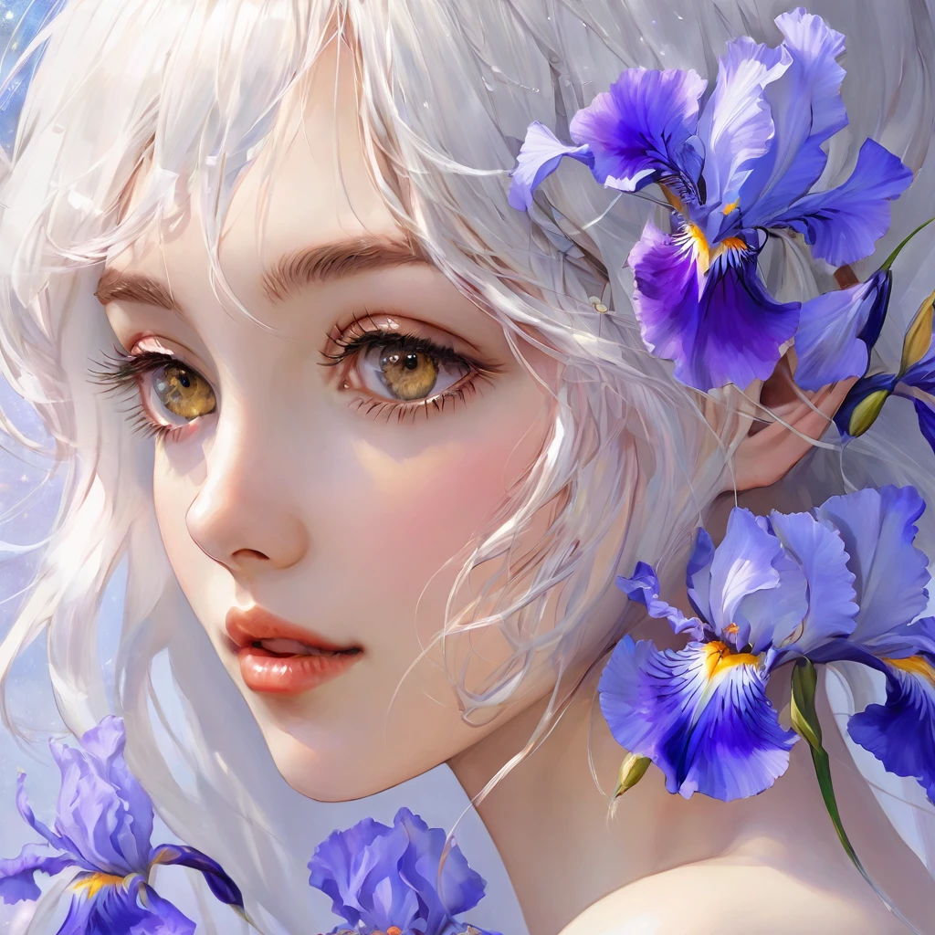 highest quality, masterpiece, surreal), Portrait of a beautiful and delicate profile girl, Playful and cute, Petals are floating in the background,Beautiful iris flowers,white hair