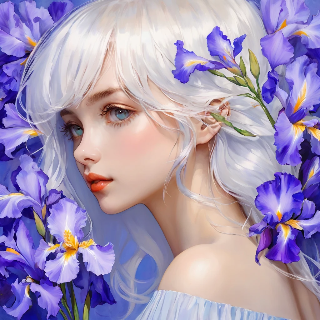 highest quality, masterpiece, surreal), Portrait of a beautiful and delicate profile girl, Playful and cute, Petals are floating in the background,Beautiful iris flowers,white hair