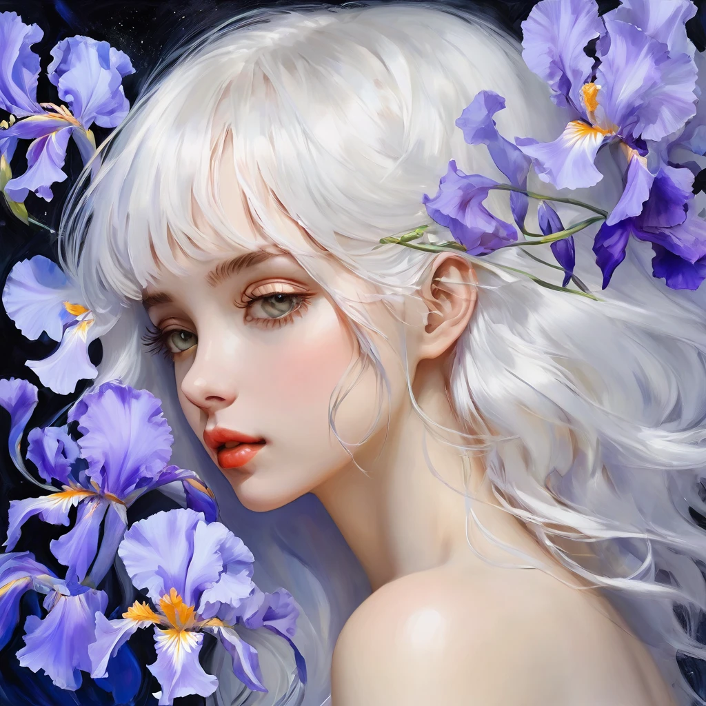 highest quality, masterpiece, surreal), Portrait of a beautiful and delicate profile girl, Playful and cute, Petals are floating in the background,Beautiful iris flowers,white hair