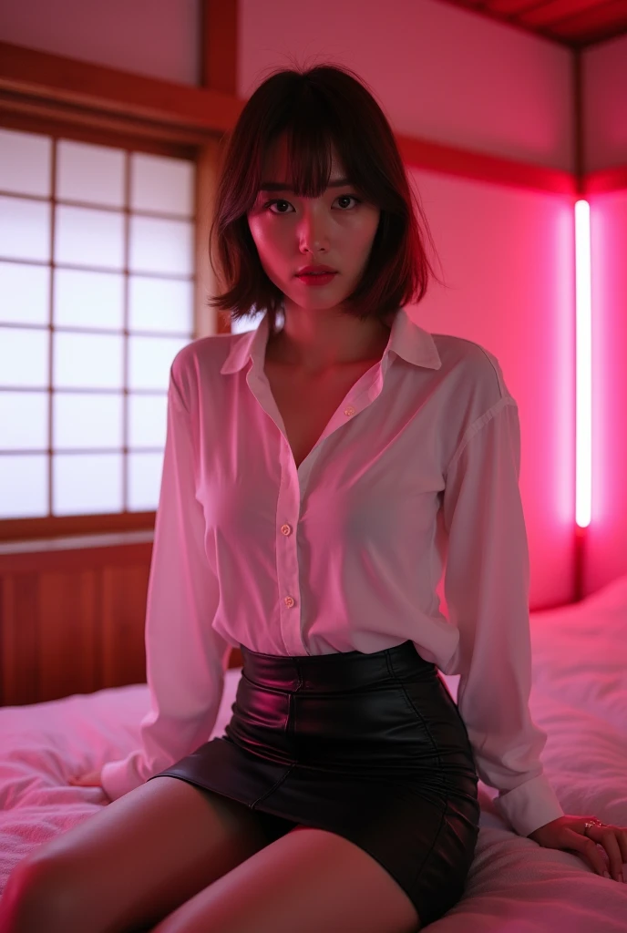 ((Japanese actress)) ((Plump and glossy lips)) Big Breasts ((Short brown hair with bangs)) ((Looking into the camera)) Sit with your legs apart ((White button shirt and black enamel tight skirt)) Low angle shot of a person standing facing forward Looking down ((A bedroom with shoji screens and tatami tatami lit up with pink neon lights))