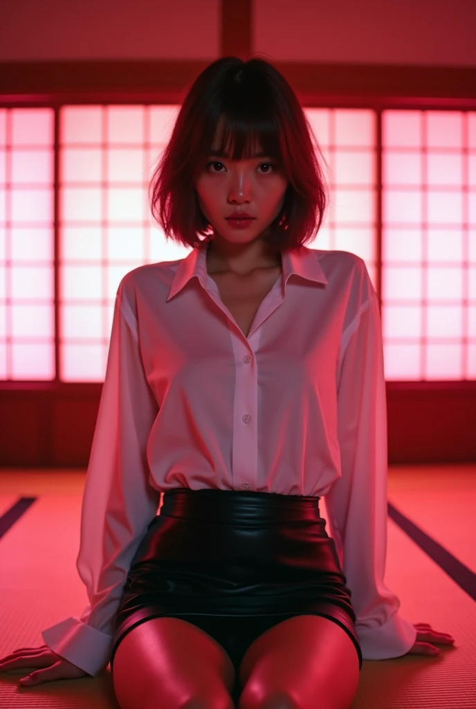((Japanese actress))　((Plump and glossy lips))　Big Breasts　((Short brown hair with bangs))　((Looking into the camera))　Sit with your legs apart　((White button shirt and black enamel tight skirt))　　Low angle shot of a person standing facing forward　Looking down　((A bedroom with shoji screens and tatami tatami lit up with pink neon lights))　