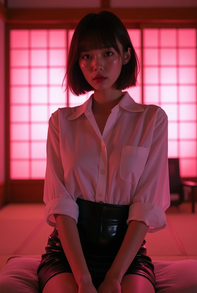 ((Japanese actress))　((Plump and glossy lips))　Big Breasts　((Short brown hair with bangs))　((Looking into the camera))　Sit with your legs apart　((White button shirt and black enamel tight skirt))　　Low angle shot of a person standing facing forward　Looking down　((A bedroom with shoji screens and tatami tatami lit up with pink neon lights))　