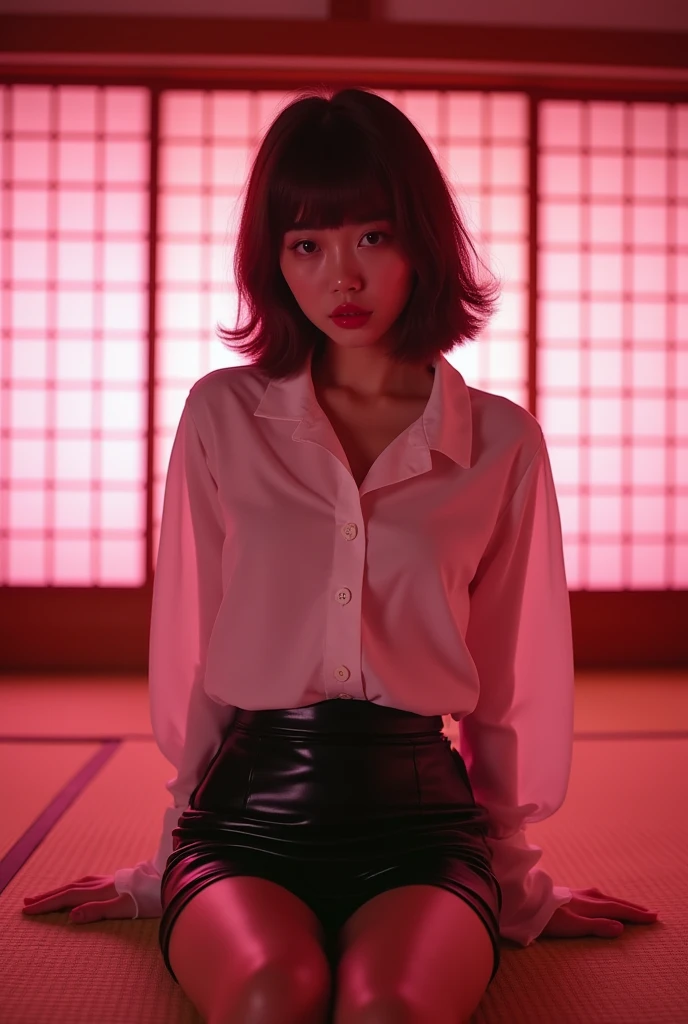 ((Japanese actress))　((Plump and glossy lips))　Big Breasts　((Short brown hair with bangs))　((Looking into the camera))　Sit with your legs apart　((White button shirt and black enamel tight skirt))　　Low angle shot of a person standing facing forward　Looking down　((A bedroom with shoji screens and tatami tatami lit up with pink neon lights))　