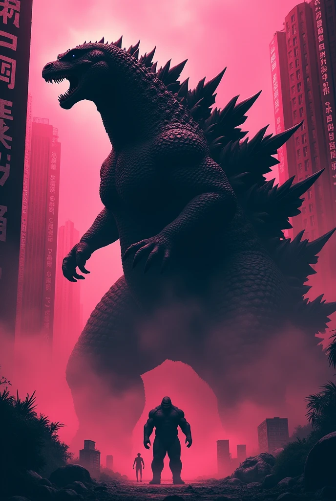 Godzilla wallpaper with black and pink theme with side wordings of Godzilla in Japanese with buildings nearby and smoke coming out of its mouth and king kong in distance and chot Bheem killing it with his fingers