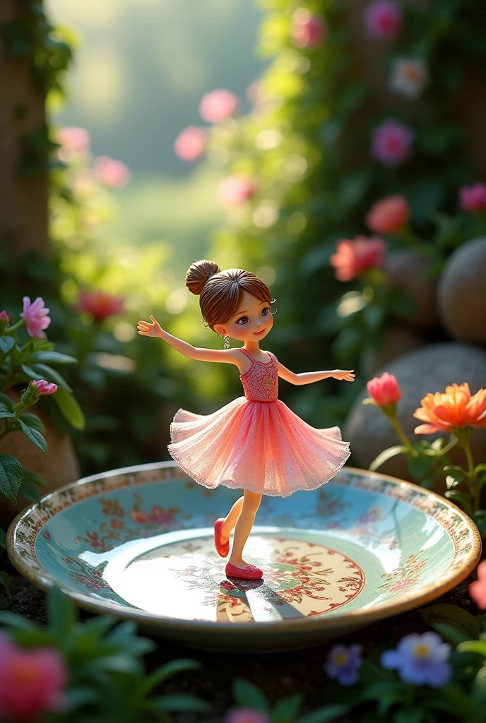 A delicate miniature girl-like figure, fashioned from colorful glass, twirling on an intricately painted porcelain plate, set in a quaint, fairy-tale garden with vibrant flowers and ivy- covered walls. The plate's ornate designs add a touch of elegance, while the garden blooms in a riot of colors, illuminated by soft, dappled sunlight. The figure's pose exudes grace and enchantment, with reflections of light playing off the glass to create a mesmerizing effect. Created Using: fairy-tale aesthetics, close-up photography, vibrant color palette, soft focus, detailed craftsmanship, hd quality, natural look -ar 16:9 –
