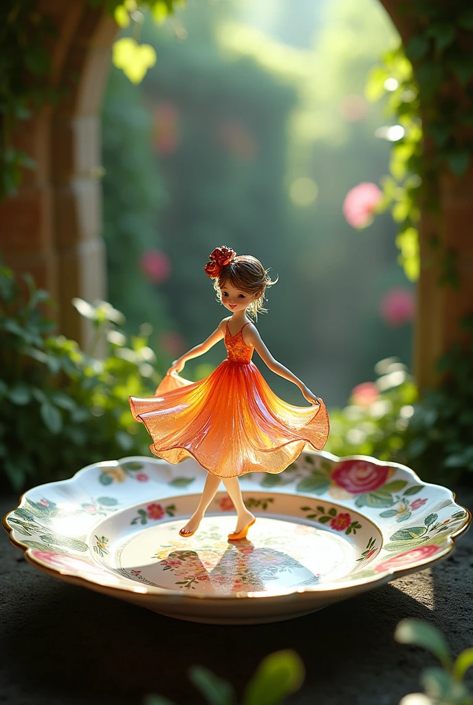 A delicate miniature girl-like figure, fashioned from colorful glass, twirling on an intricately painted porcelain plate, set in a quaint, fairy-tale garden with vibrant flowers and ivy- covered walls. The plate's ornate designs add a touch of elegance, while the garden blooms in a riot of colors, illuminated by soft, dappled sunlight. The figure's pose exudes grace and enchantment, with reflections of light playing off the glass to create a mesmerizing effect. Created Using: fairy-tale aesthetics, close-up photography, vibrant color palette, soft focus, detailed craftsmanship, hd quality, natural look -ar 16:9 –