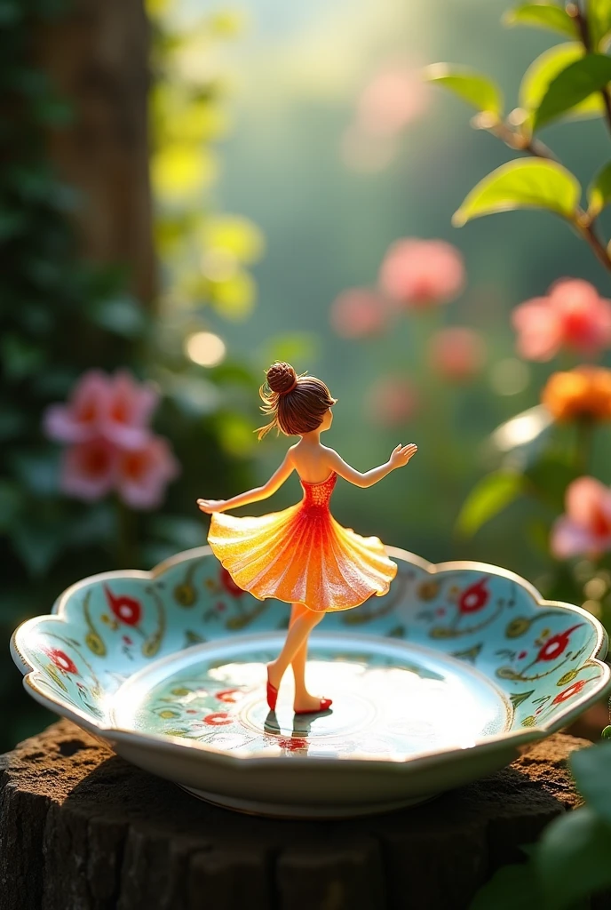 A delicate miniature girl-like figure, fashioned from colorful glass, twirling on an intricately painted porcelain plate, set in a quaint, fairy-tale garden with vibrant flowers and ivy- covered walls. The plate's ornate designs add a touch of elegance, while the garden blooms in a riot of colors, illuminated by soft, dappled sunlight. The figure's pose exudes grace and enchantment, with reflections of light playing off the glass to create a mesmerizing effect. Created Using: fairy-tale aesthetics, close-up photography, vibrant color palette, soft focus, detailed craftsmanship, hd quality, natural look -ar 16:9 –