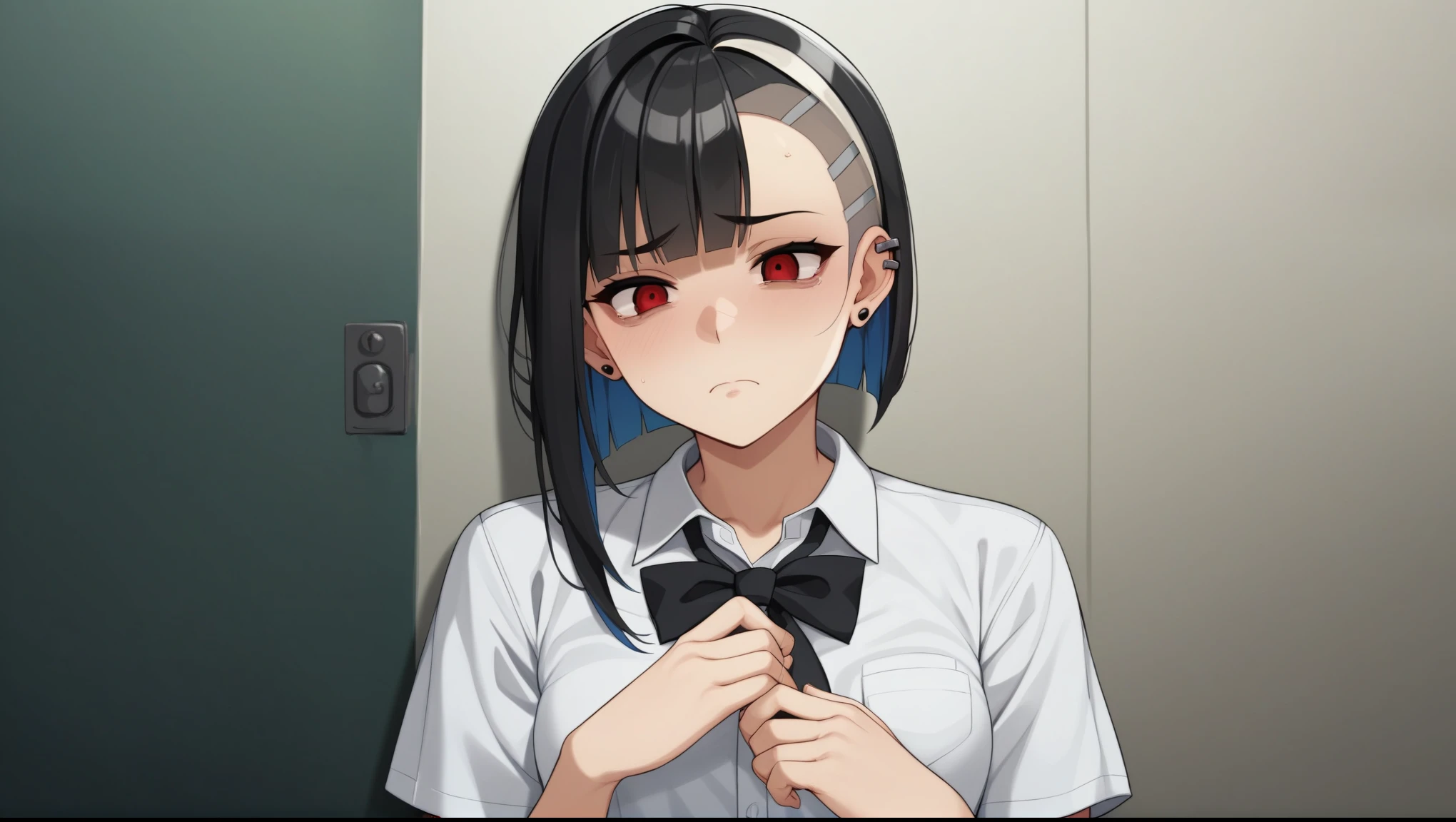 Place your hand on your chest、Sad face、Sad face、cyber punk、1girl、black hair, ((highlights hair, silver streaked hair))、blunt bangs、White shirt、Black tie、Pleated skirt、Red Eyes、Korean、Downtown at night、Slam Dunk、Straight Hair、Bobcut、Earrings