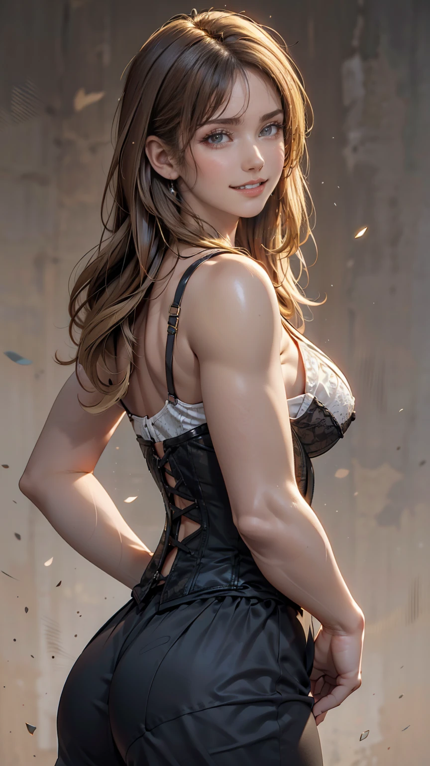 One person, alone, View your viewers, Blonde long hair, Wearing a corset, Big Ass, Brown eyes, Upper Body, Gray background, Normal boobs, lips, Realistic, A konigsreuter、Place hands on hips、smile