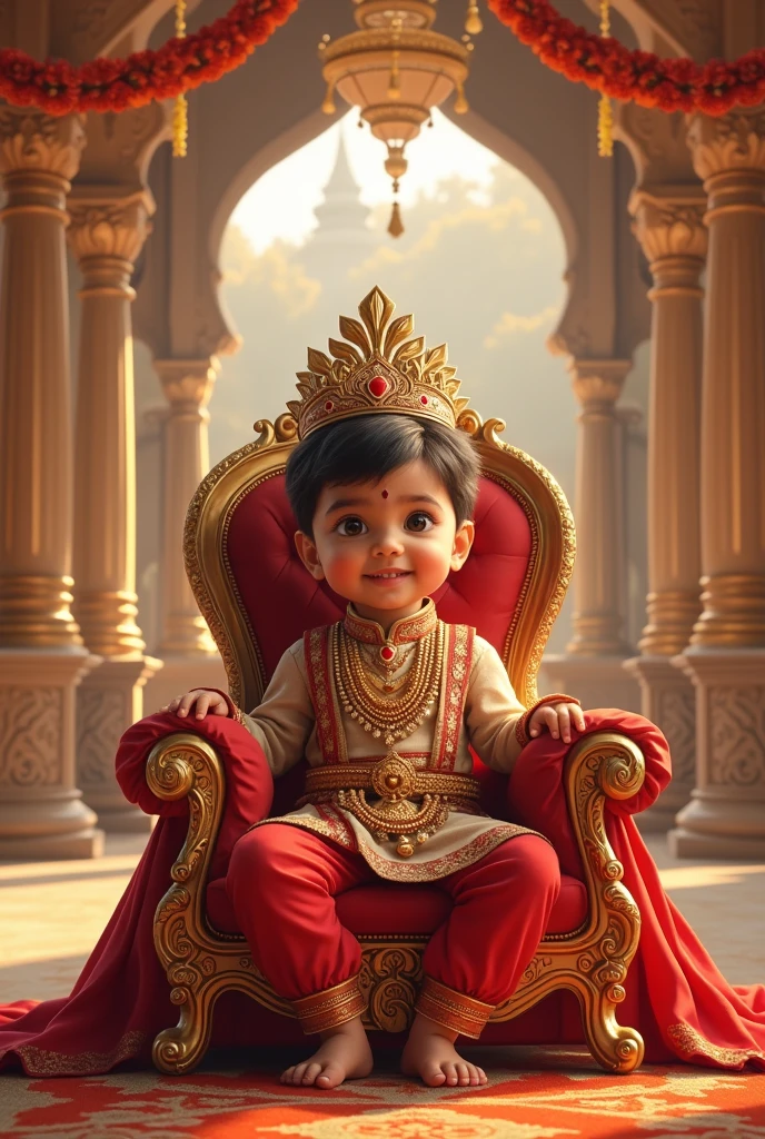 A realistic image of a cute little indian baby boy as a Prince sitting on a throne, in very big and beautiful house and in house there are all around gold , wearing a crown and an indian royal attire and he is very very beautiful and gorgeous and besides her is a large size '1' cutout , indicating that its her second birthday. Bright, bold and colorful image, Flower garlands can be seen hanging from the palace archs, seems like a celebration time in the palace