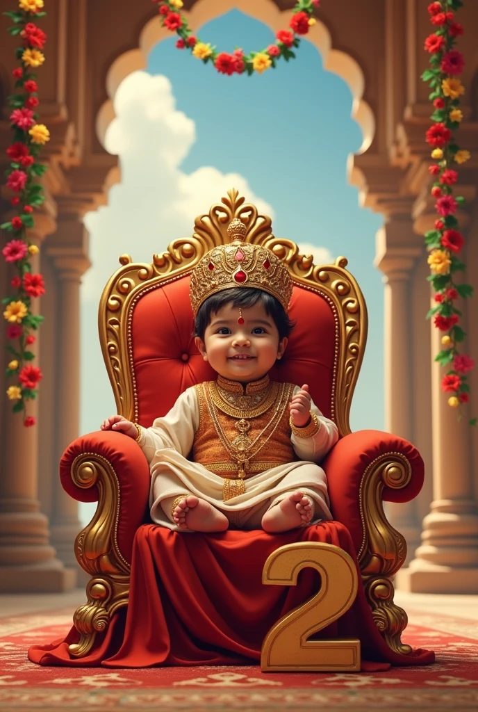 A realistic image of a cute little indian baby boy as a Prince sitting on a throne, in very big and beautiful house and in house there are all around gold , wearing a crown and an indian royal attire and he is very very beautiful and gorgeous and besides her is a large size '1' cutout , indicating that its her second birthday. Bright, bold and colorful image, Flower garlands can be seen hanging from the palace archs, seems like a celebration time in the palace