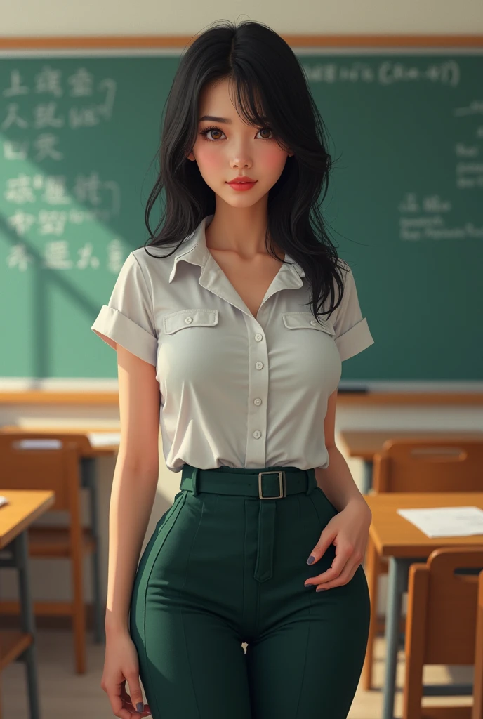 Young woman, Twenty years old, Black hair, beautiful face, Asian style, Fair Skin, Big breasts,Thin waist, Big butt, Wearing a teacher&#39;s uniform, standing in front of the classroom, Painting style 2.5D

