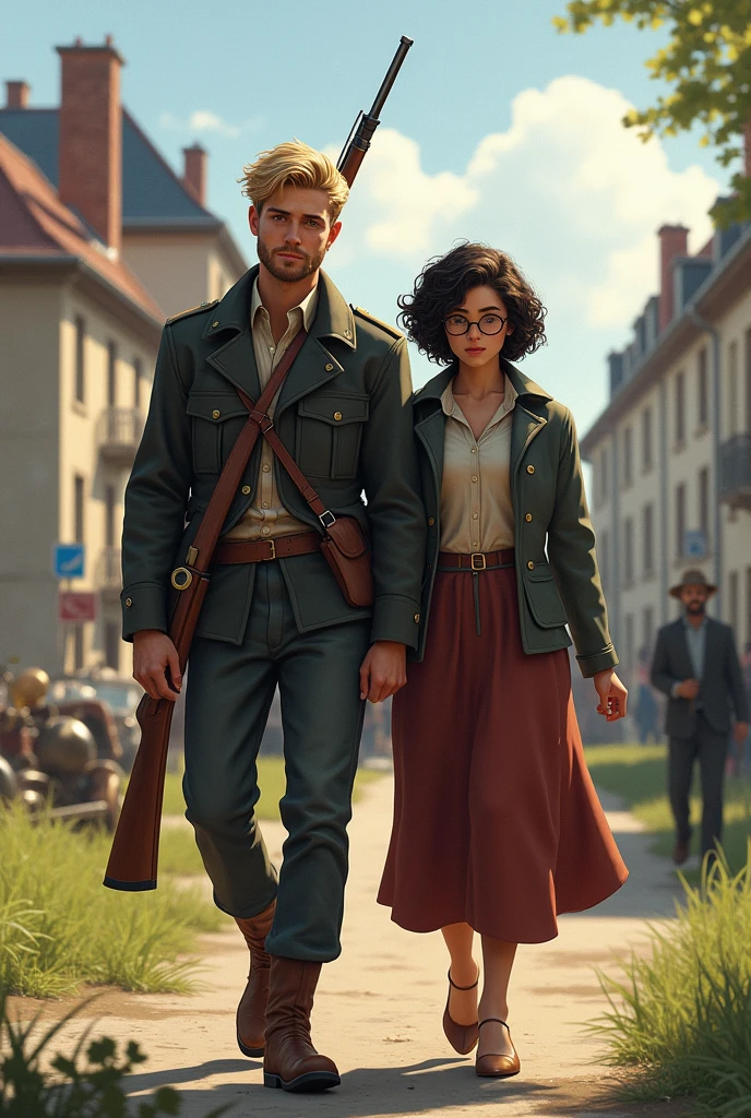 Draw young blond boy 1,80 tall, white skin color, with little beard, he being a soldier carrying a rifle, with his wife of 1,65 tall, with black curly hair, e de white skin color, wearing glasses, and wearing a skirt. French environment